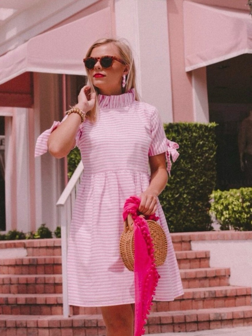Elizabeth Wilson 100% Cotton Pink Striped Bow-Sleeve Dress